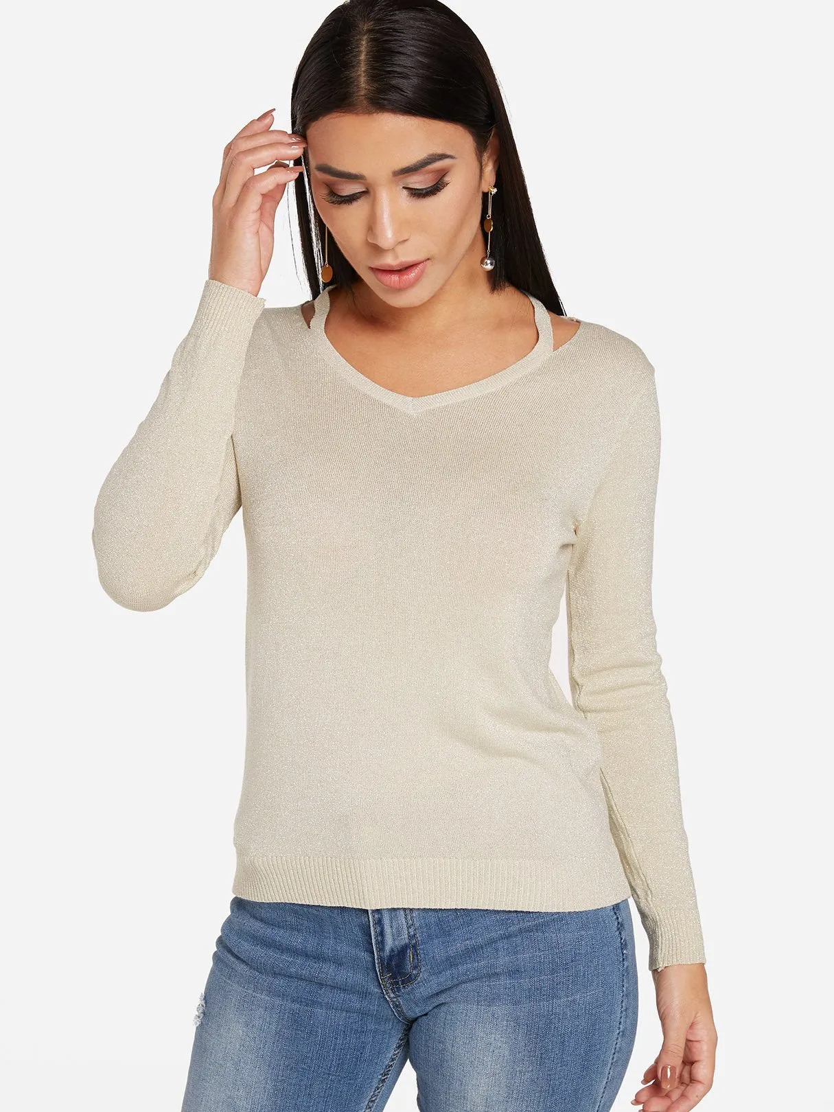 Custom V-Neck Plain Long Sleeve Khaki Top