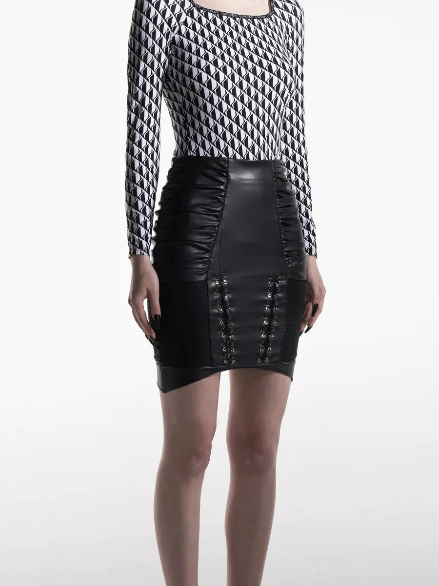 GATHERED FAUX LEATHER PENCIL SKIRT