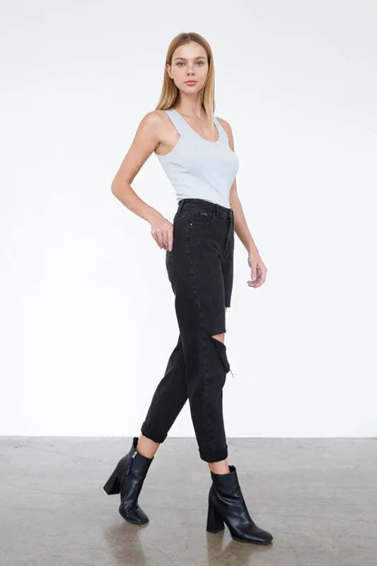 HIGH RISE DISTRESSED ANKLE JEANS