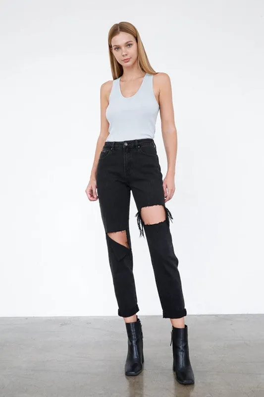 HIGH RISE DISTRESSED ANKLE JEANS