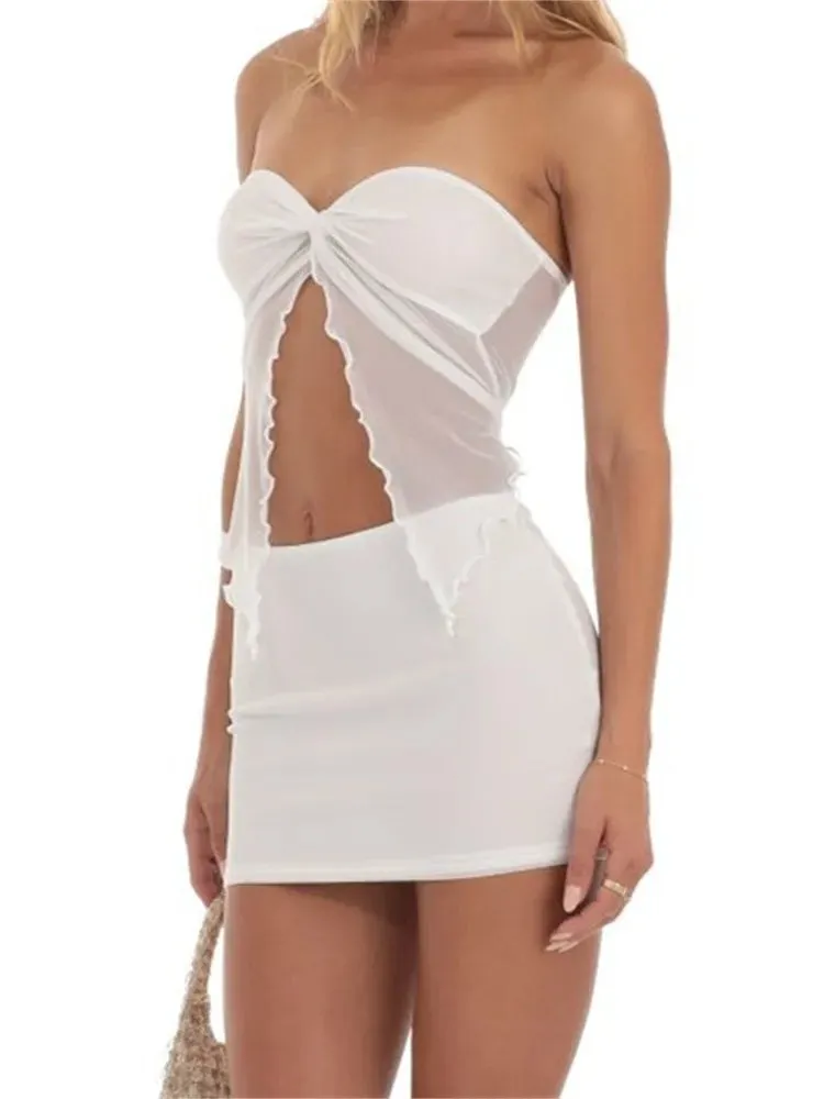 JuliaFashion - Strapless Mesh See Throughss Split Tube Tops  Short Skirts Suits