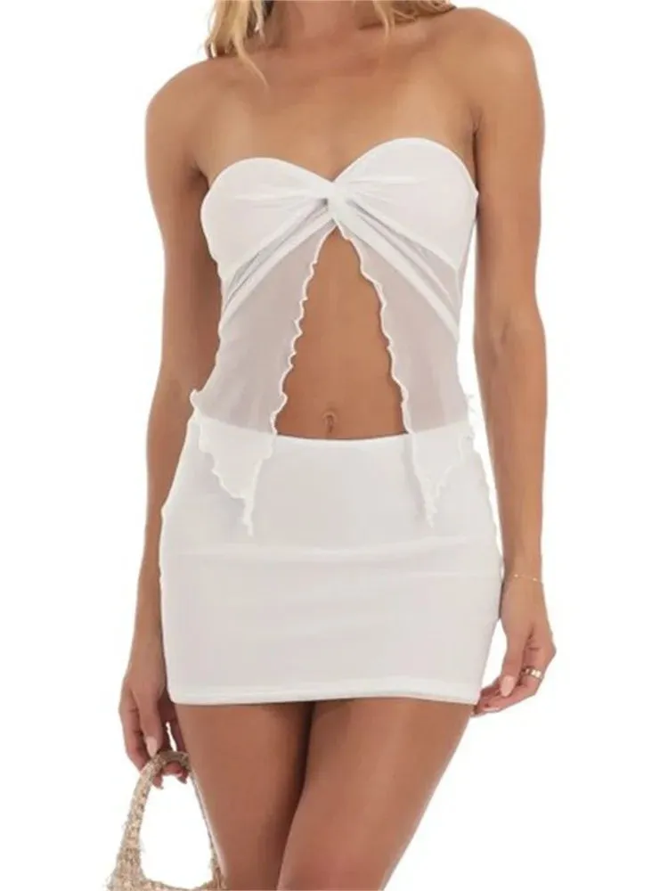 JuliaFashion - Strapless Mesh See Throughss Split Tube Tops  Short Skirts Suits