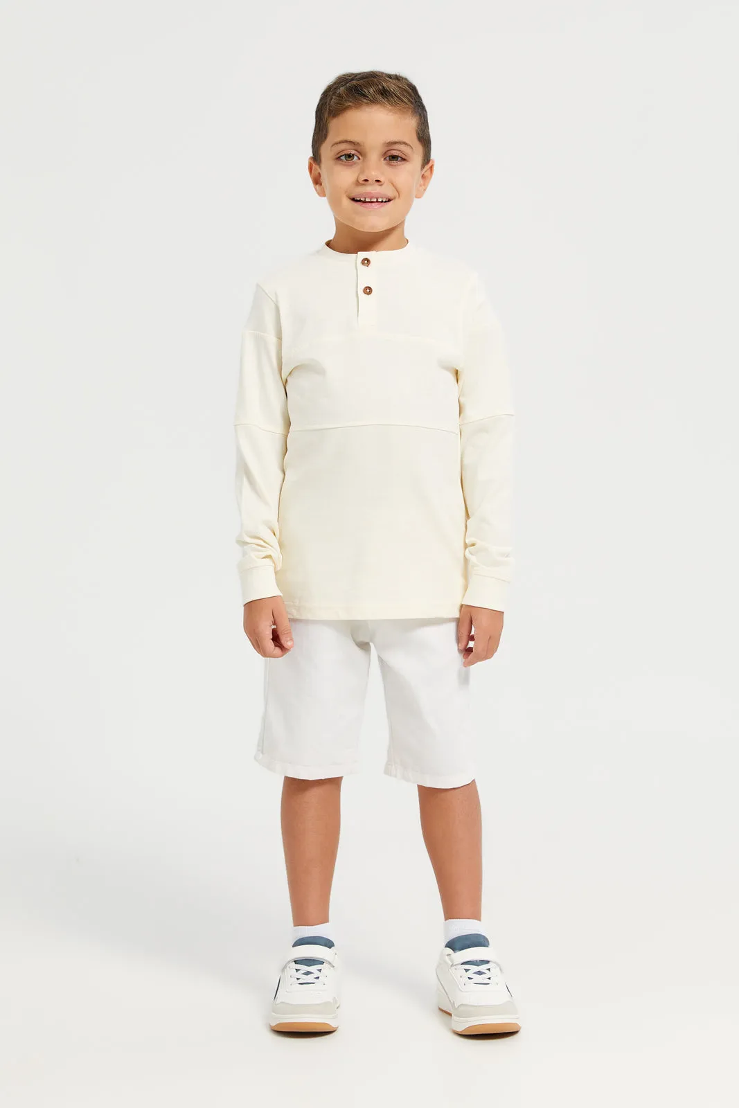 Junior Boys White Long Sleeve Cut & Sew Mandarin Tshirt