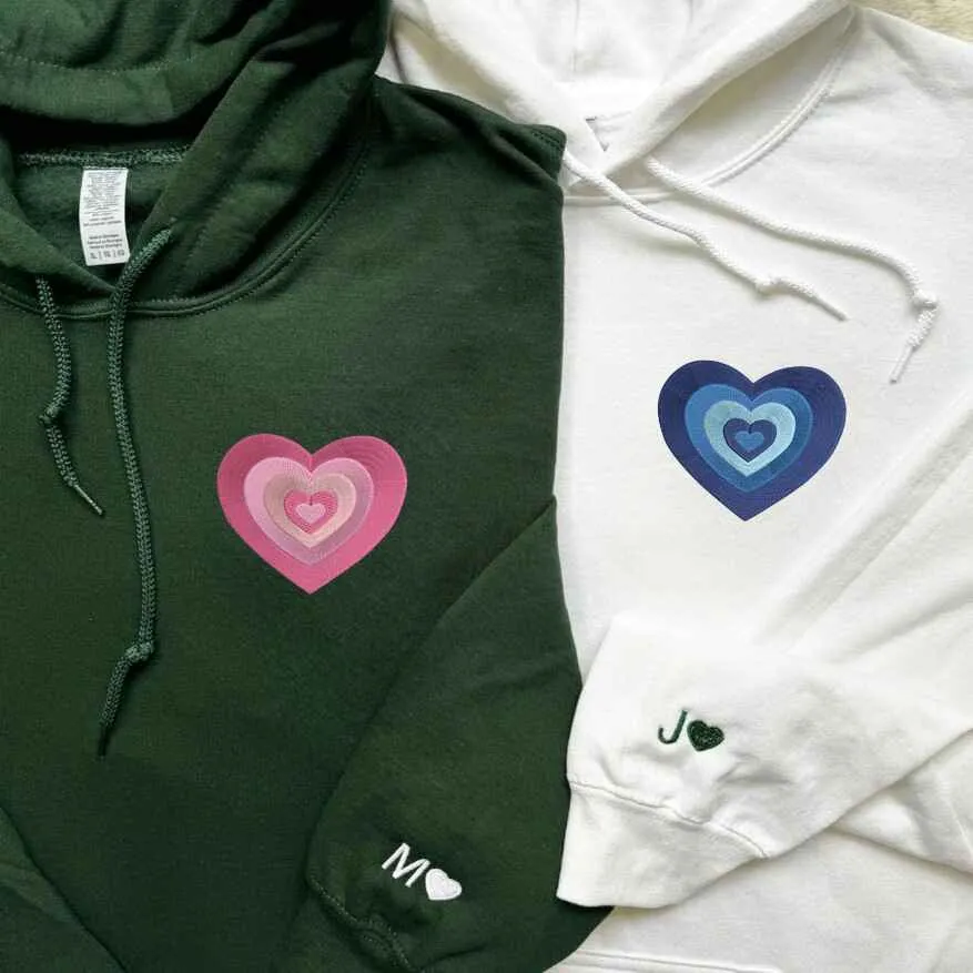 Layered Heart Embroidery Matching Couple Hoodies - Personalized Matching Hoodies For Couples