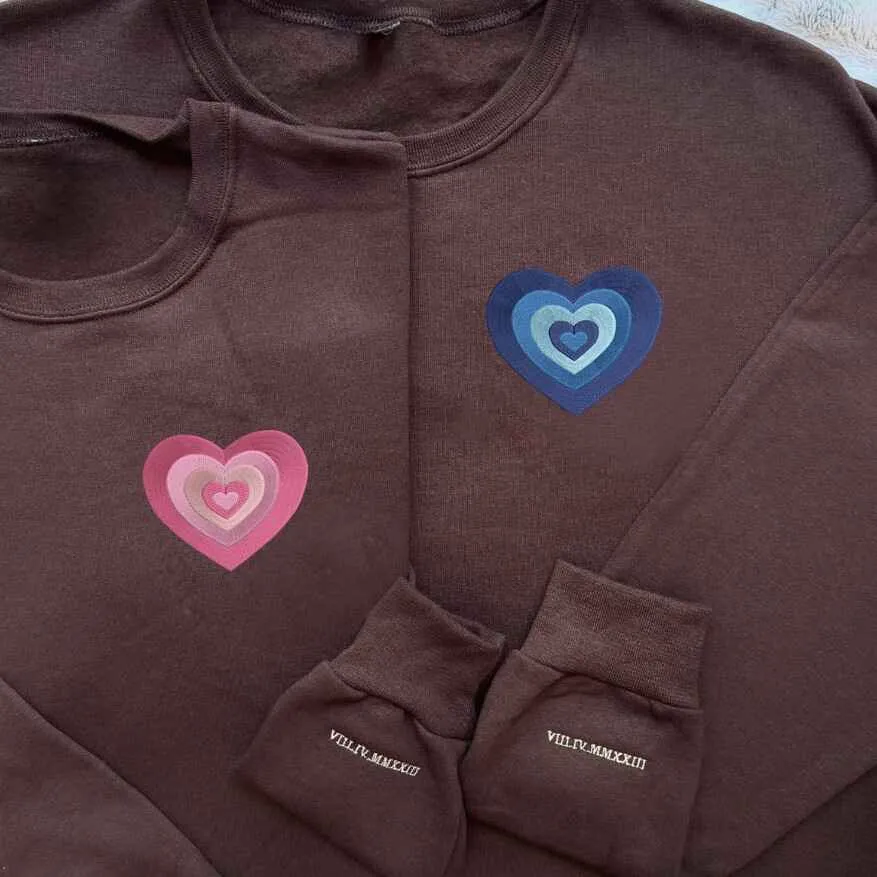 Layered Heart Embroidery Matching Couple Hoodies - Personalized Matching Hoodies For Couples