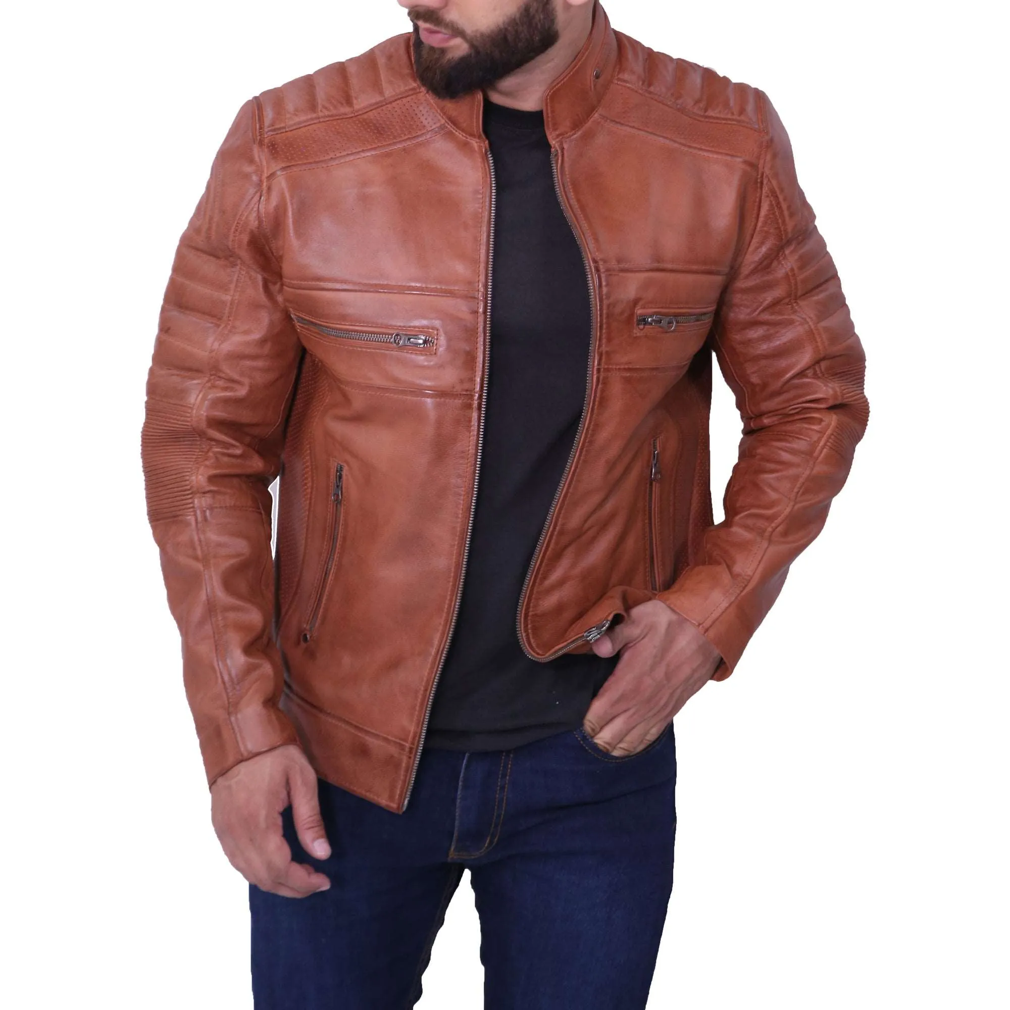 Men's Cafe Racer Brown Leather Jacket