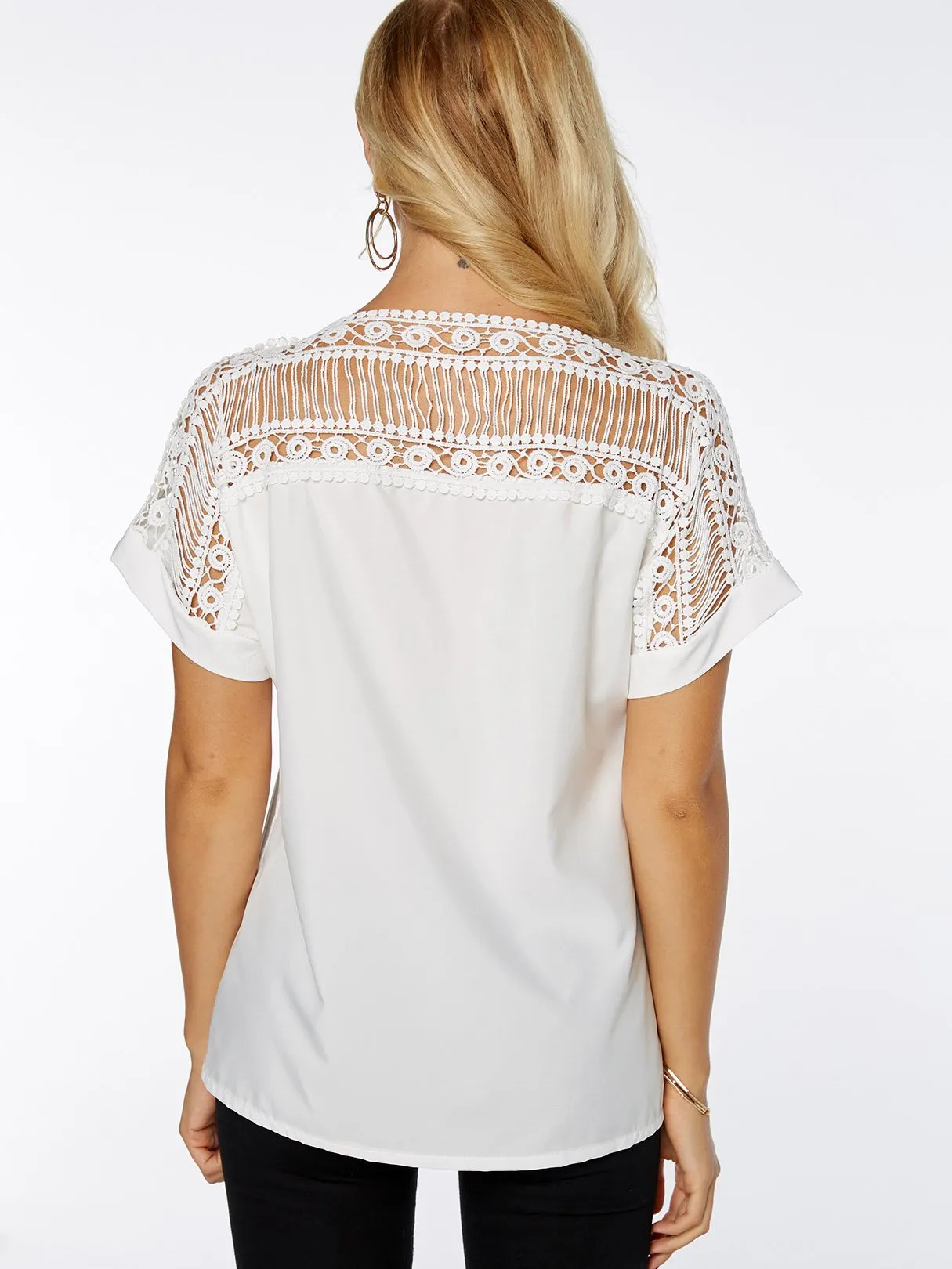 OEM ODM Round Neck Plain Lace Hollow Short Sleeve White T-Shirts