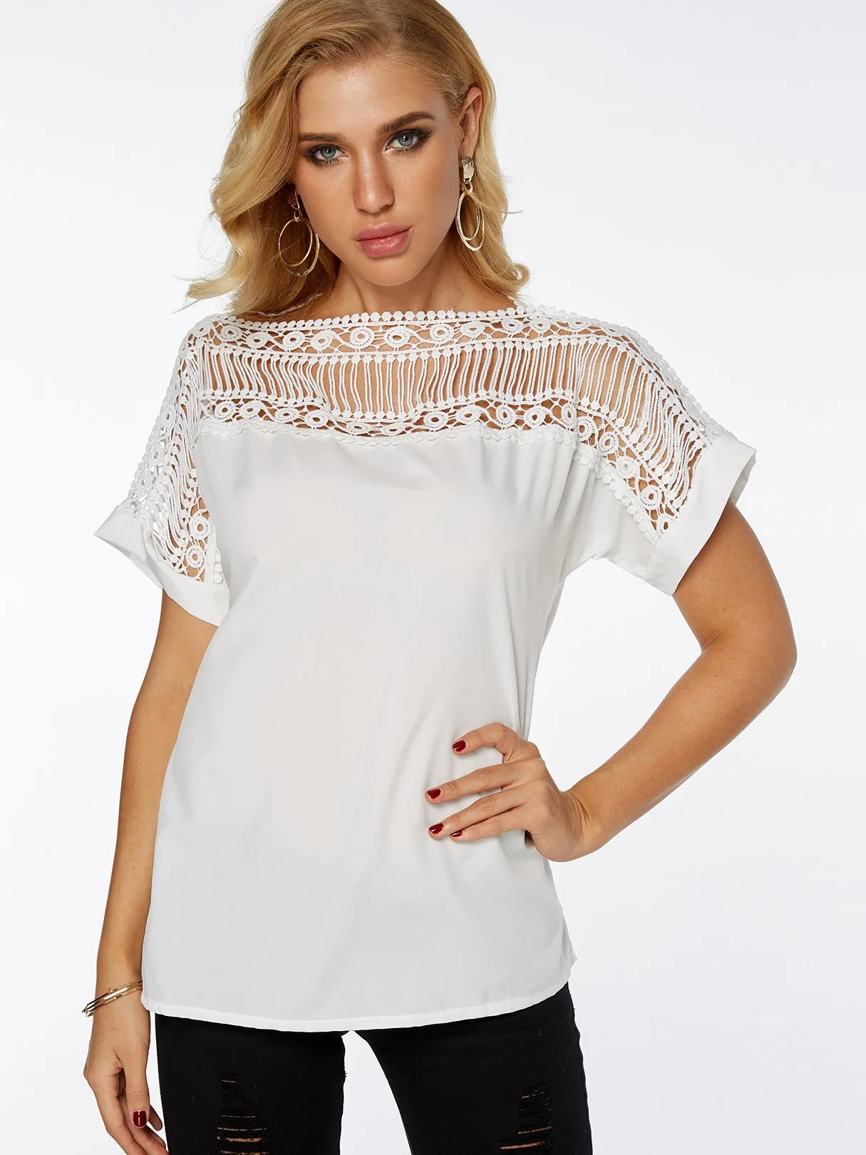 OEM ODM Round Neck Plain Lace Hollow Short Sleeve White T-Shirts