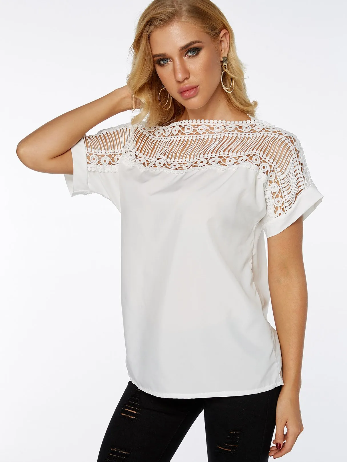 OEM ODM Round Neck Plain Lace Hollow Short Sleeve White T-Shirts