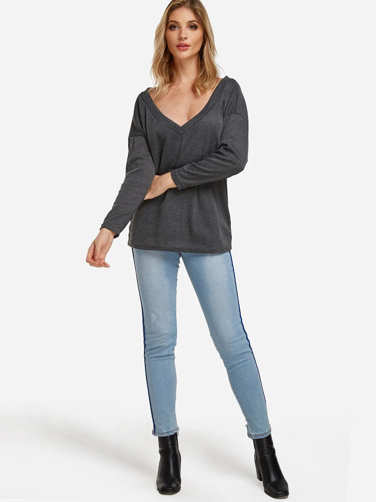 OEM ODM V-Neck One Shoulder Plain Long Sleeve Grey T-Shirts