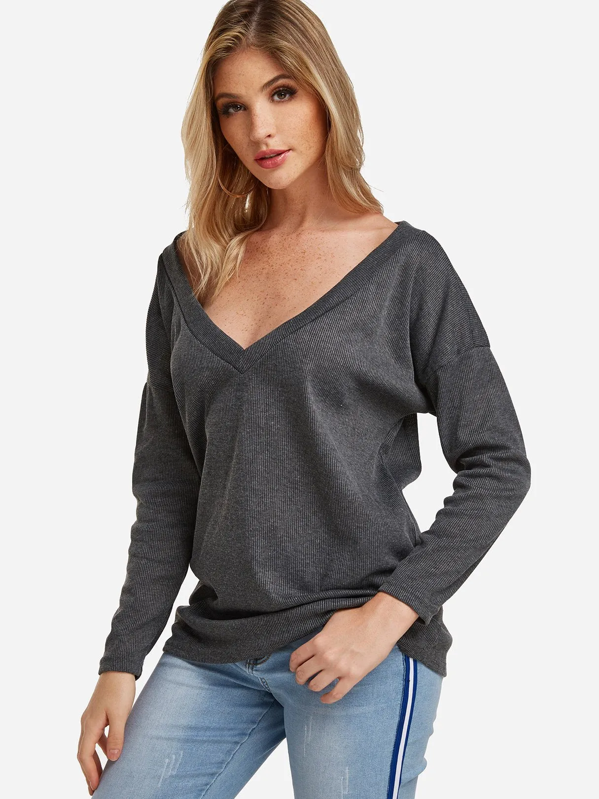 OEM ODM V-Neck One Shoulder Plain Long Sleeve Grey T-Shirts