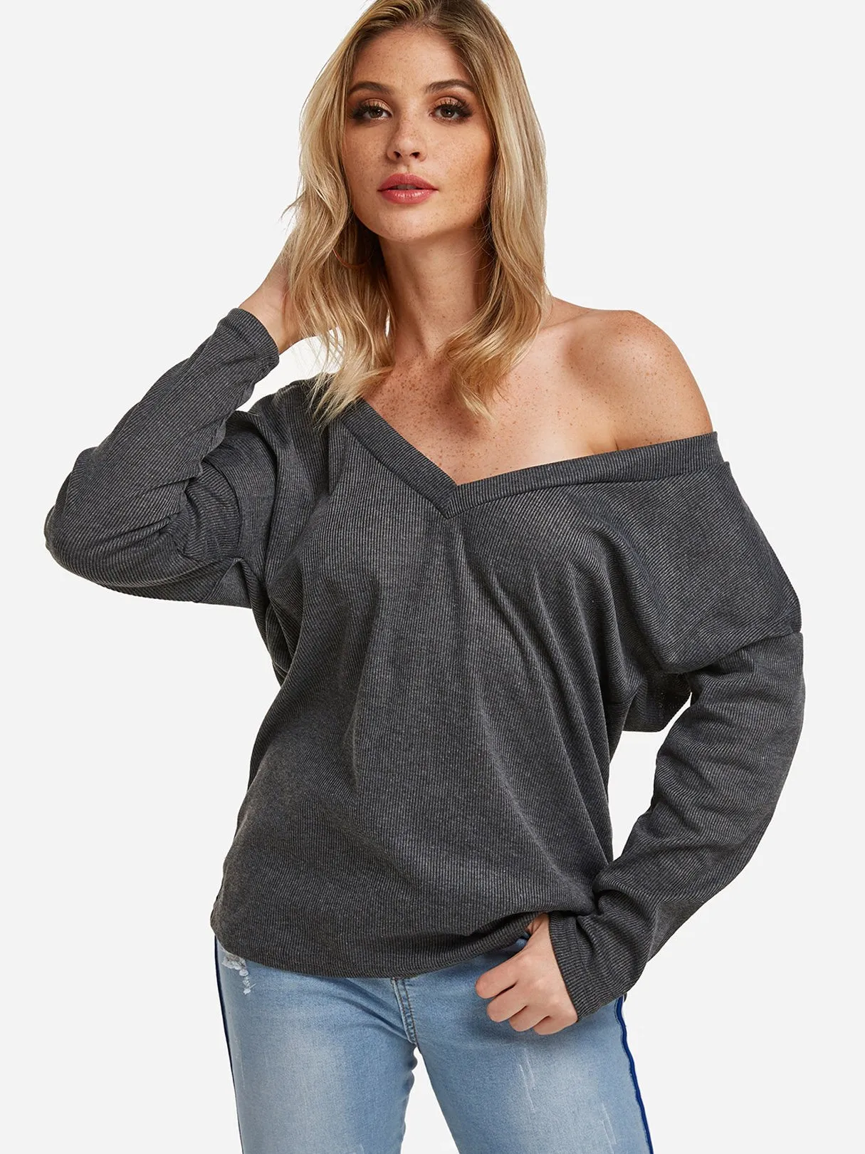 OEM ODM V-Neck One Shoulder Plain Long Sleeve Grey T-Shirts