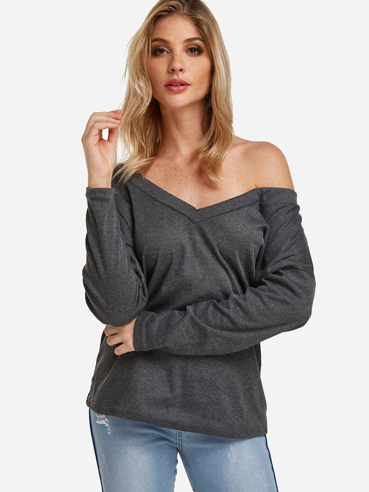 OEM ODM V-Neck One Shoulder Plain Long Sleeve Grey T-Shirts