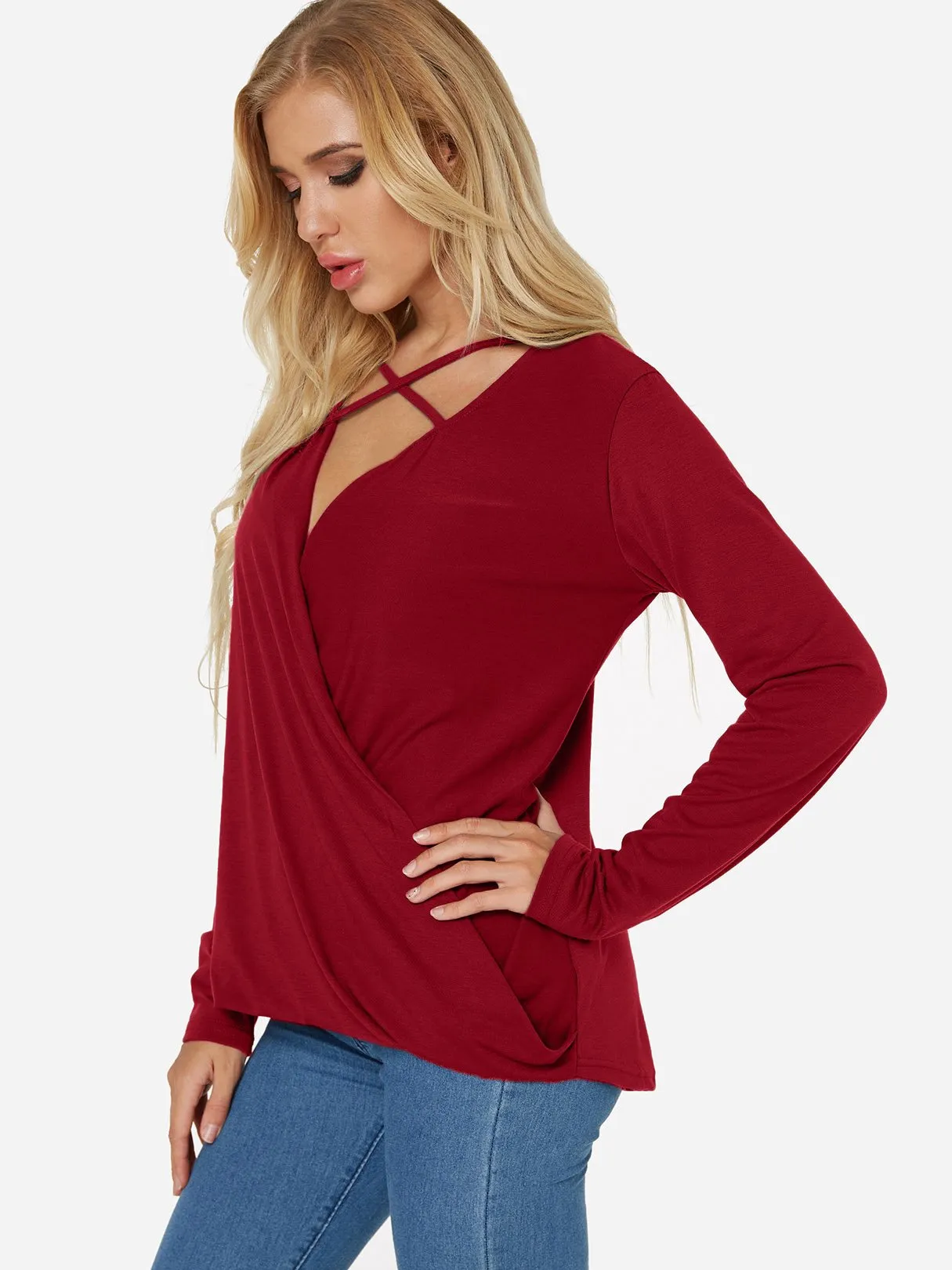 OEM ODM V-Neck Plain Crossed Front Pleated Long Sleeve Irregular Hem Red T-Shirts