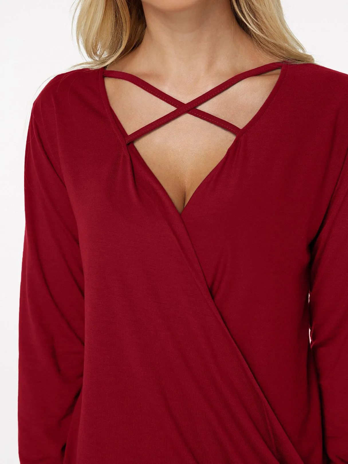 OEM ODM V-Neck Plain Crossed Front Pleated Long Sleeve Irregular Hem Red T-Shirts