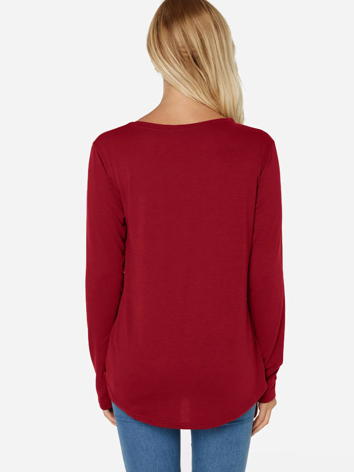 OEM ODM V-Neck Plain Crossed Front Pleated Long Sleeve Irregular Hem Red T-Shirts