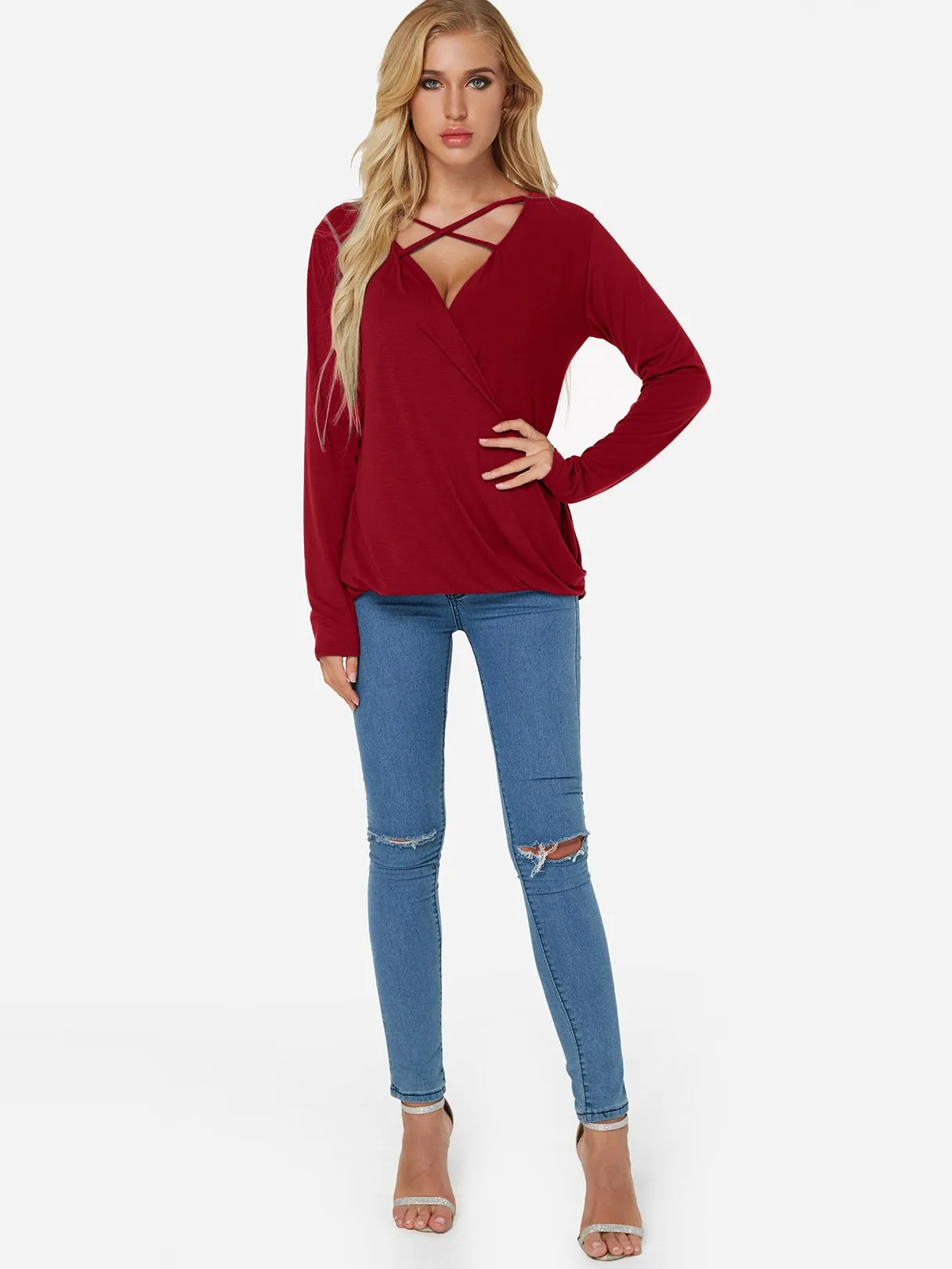 OEM ODM V-Neck Plain Crossed Front Pleated Long Sleeve Irregular Hem Red T-Shirts