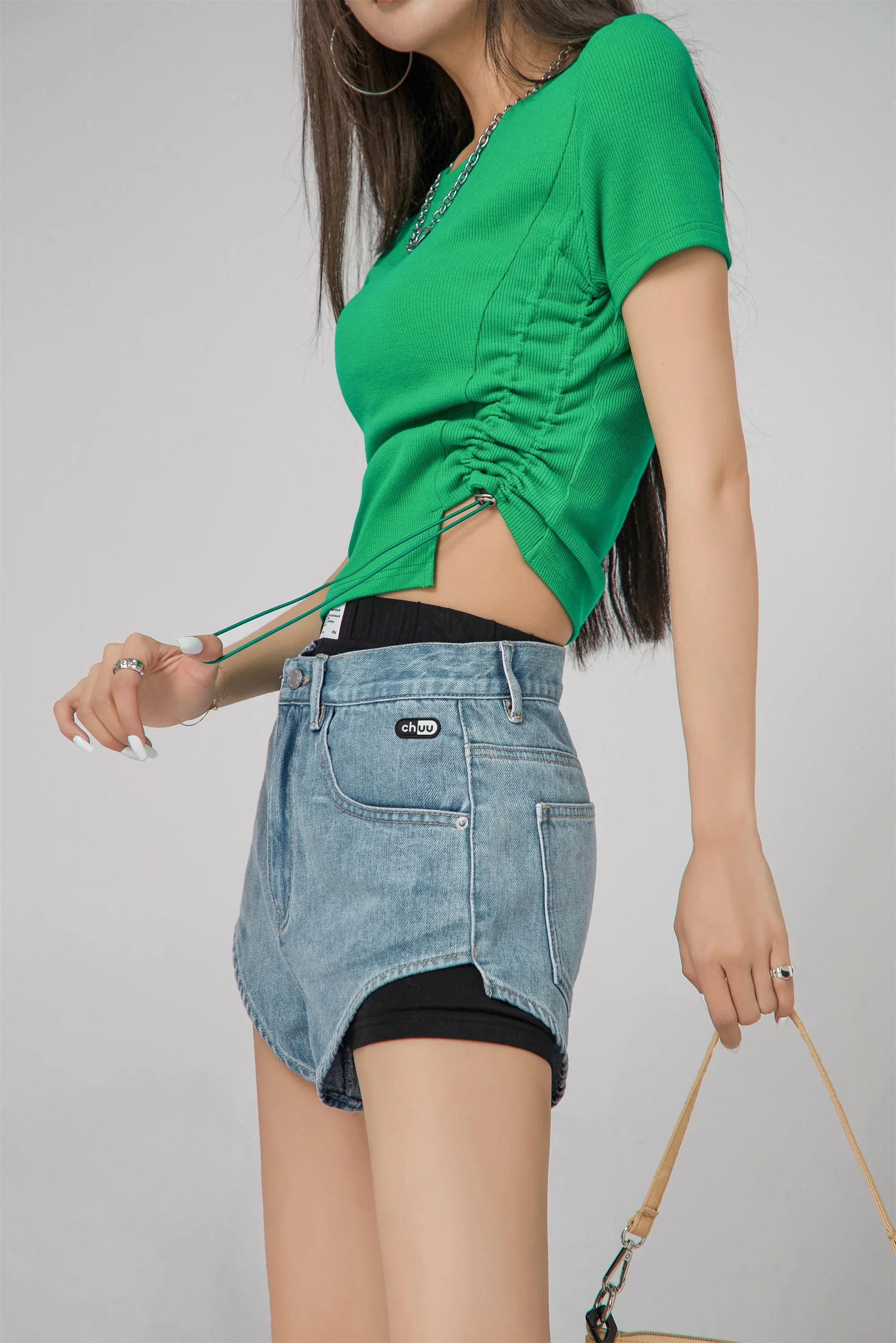 Shirring Unbalanced Crop T-Shirt