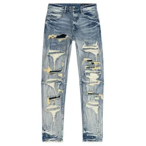 Smoke Rise - "HALFORD" Layered Heavy Rip & Repair Jeans in Aspen Blue