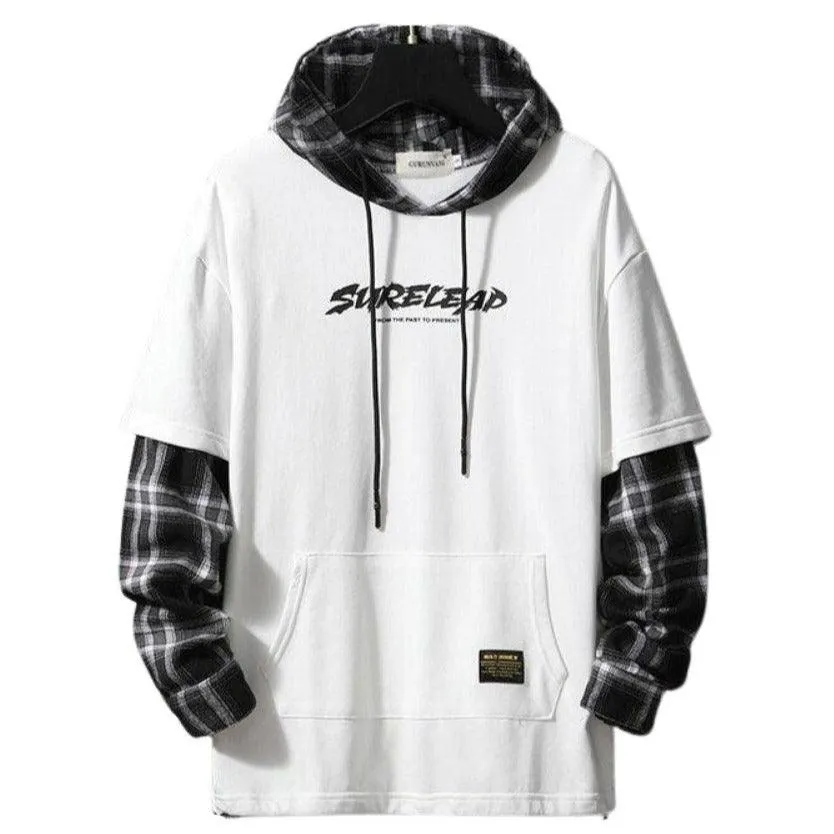 Tartan Patchwork Layered Hoodie Mens Hoodie 3 Colours Casual Skater Hip Hop Fashion Lightweight Everyday Hoodie