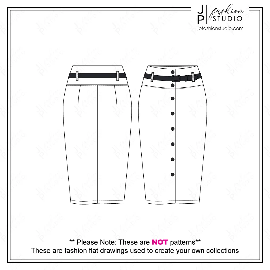 Women Pencil Skirts Sketches (2 styles) / Fashion Flat Sketches / Skirts Technical Drawings